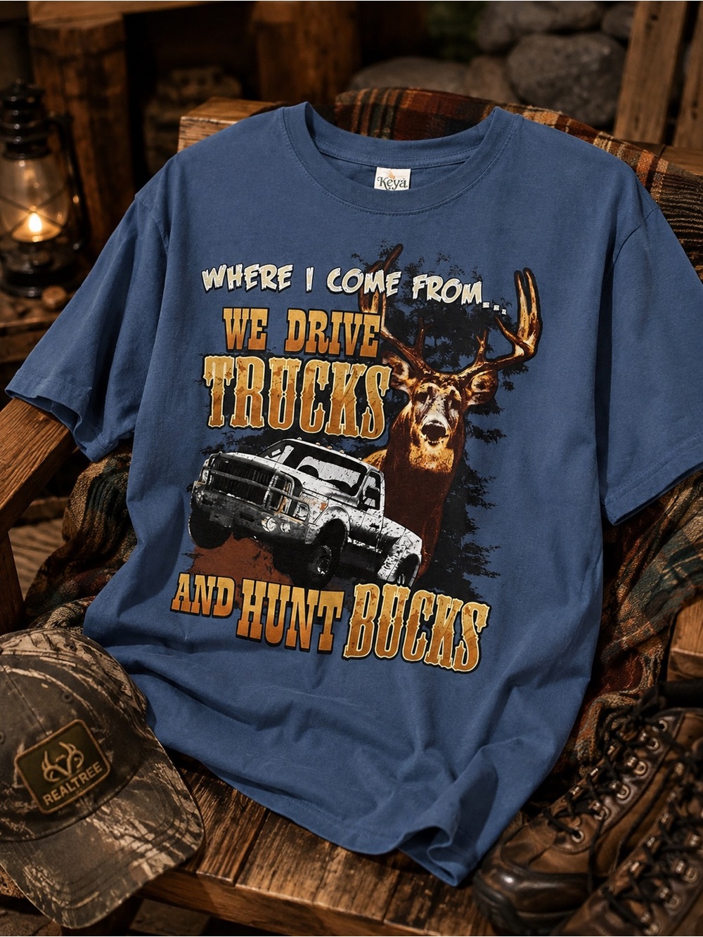 Keya USA Deer Hunting Graphic T-Shirt Trucks Bucks Blue 100% Cotton Adult Large